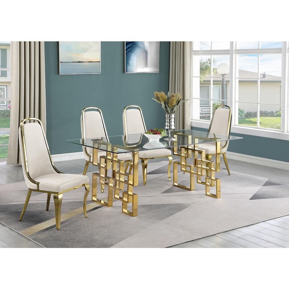 5-piece glam dining set with 4 Cream side chairs and one 79" glass dining table