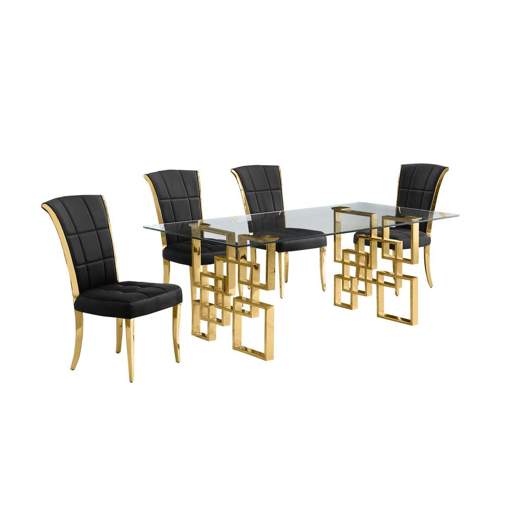 5-piece glam dining set with 4 black chairs and a 79" long glass  table