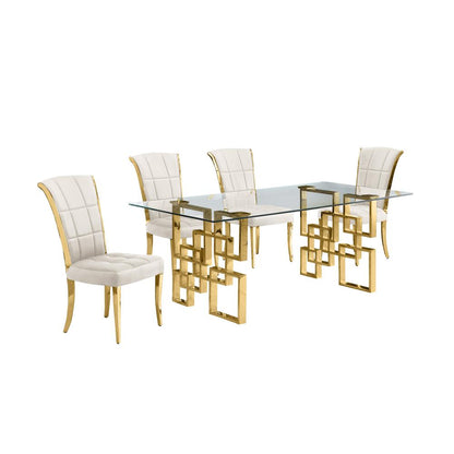 5-piece glam dining set with 4 cream chairs and a 79" long glass  table