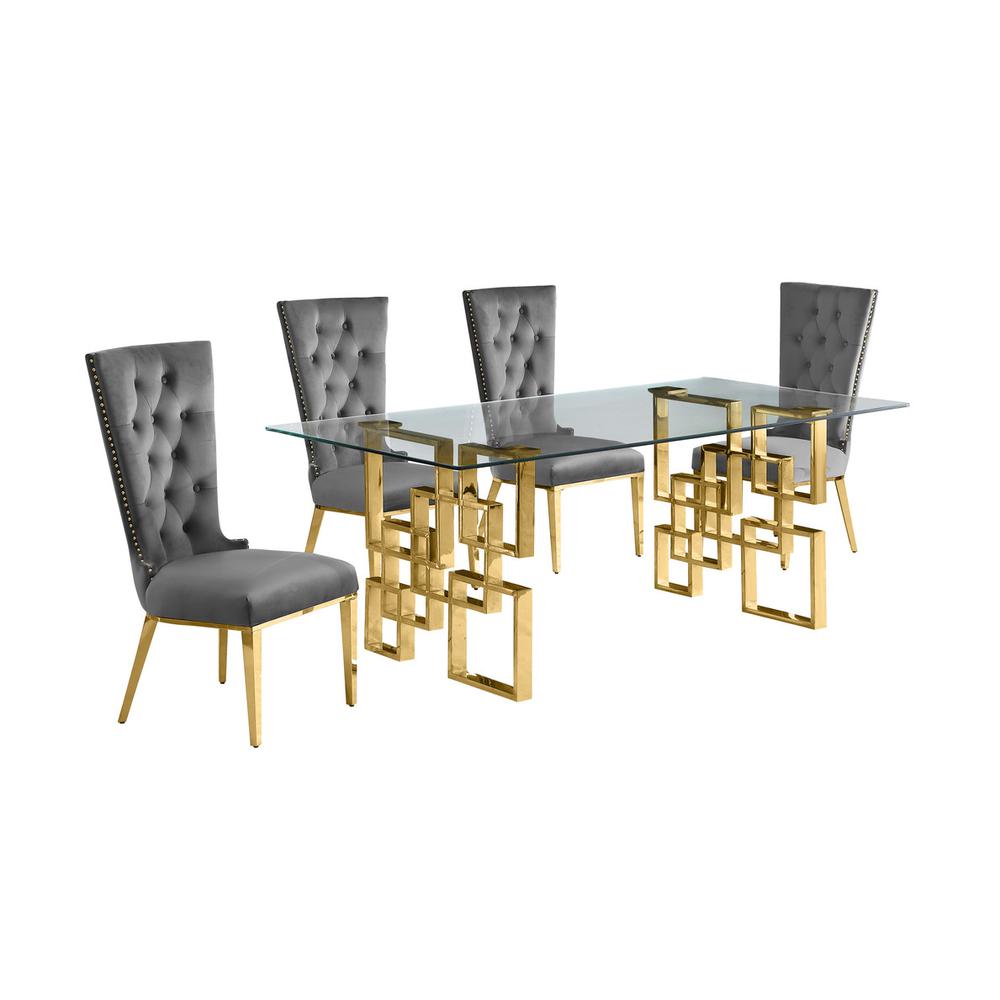 5-piece glam dining set with 4 dark grey chairs and a 79" long glass  table