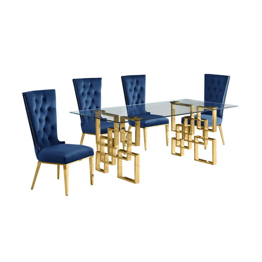 5-piece glam dining set with 4 navy blue chairs and a 79" long glass  table