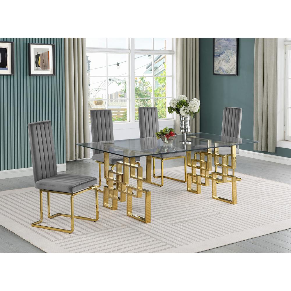 5-piece glam dining set with 4 Dark grey chairs and one 79" glass  table