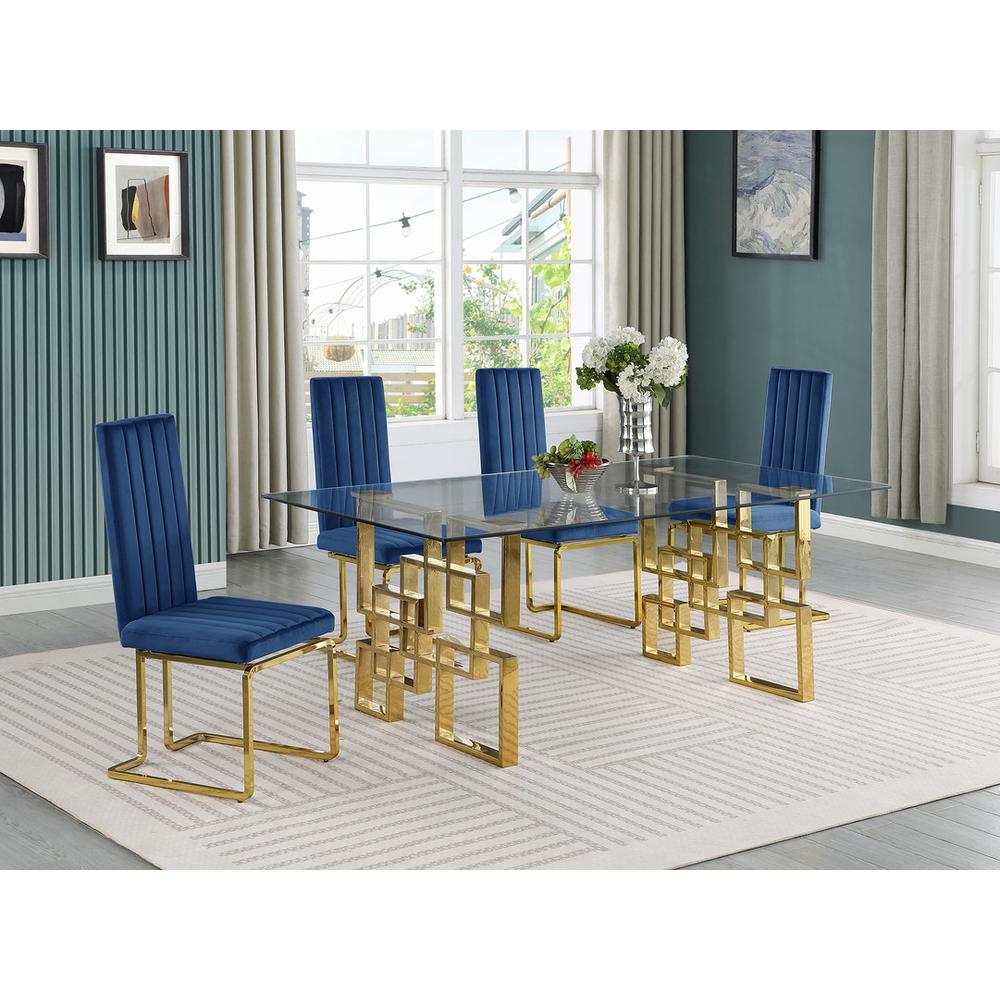 5-piece glam dining set with 4 Navy blue chairs and one 79" glass  table