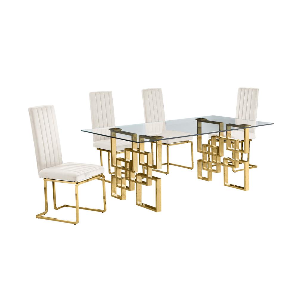 5-piece glam dining set with 4 cream chairs and one 79" glass  table