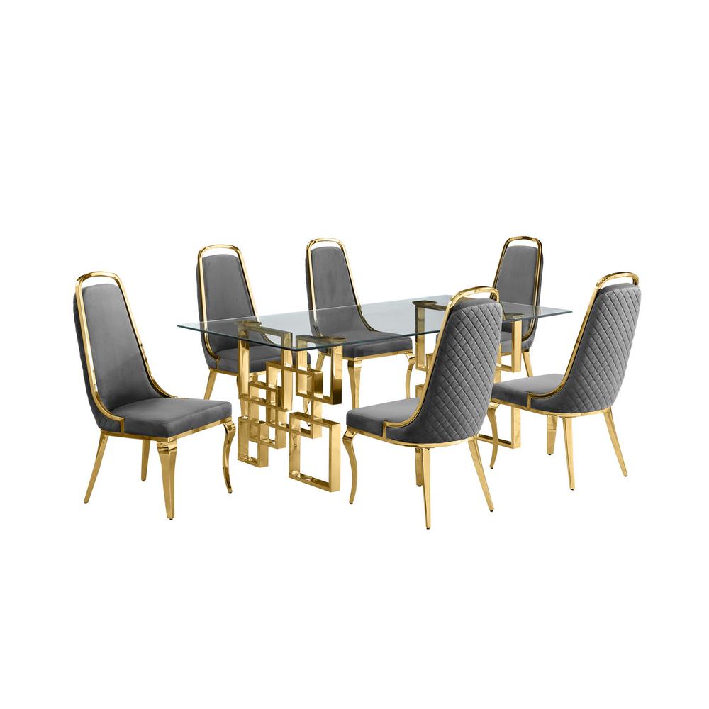 7-piece glam dining set with 6 Dark grey chairs and one 79" glass dining table