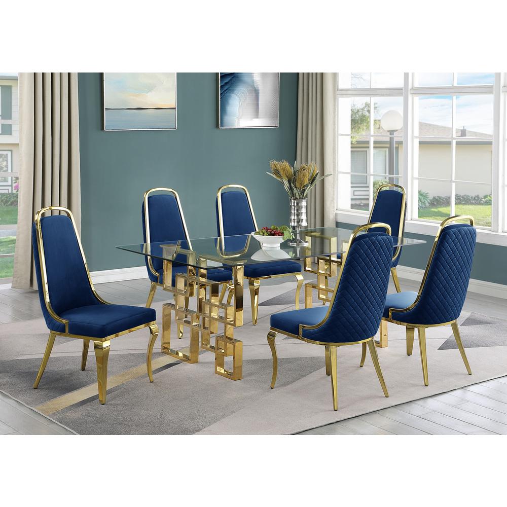 7-piece glam dining set with 6 Navy blue chairs and one 79" glass dining table