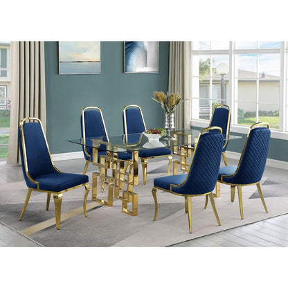 7-piece glam dining set with 6 Navy blue chairs and one 79" glass dining table