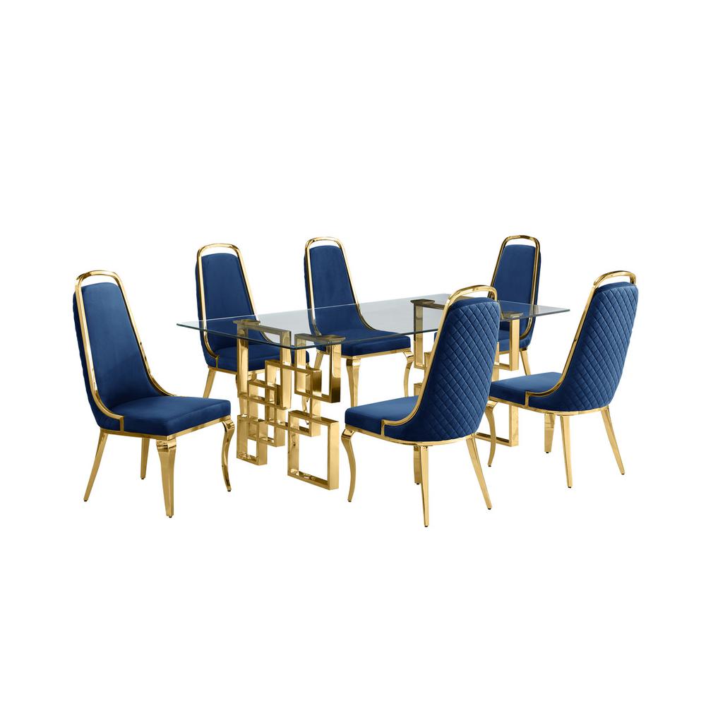 7-piece glam dining set with 6 Navy blue chairs and one 79" glass dining table