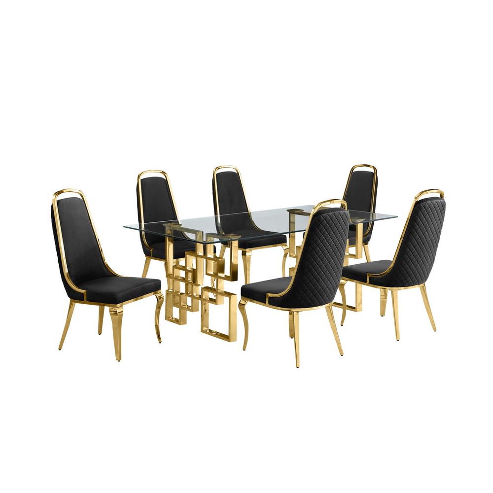 7-piece glam dining set with 6 Black side chairs and one 79" glass dining table