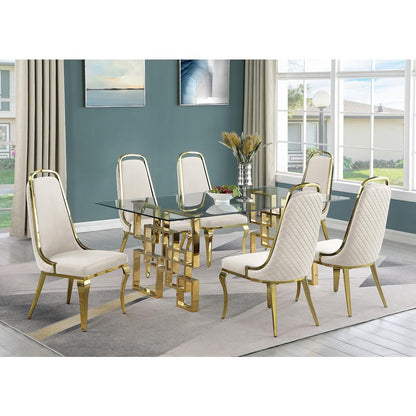 7-piece glam dining set with 6 Cream side chairs and one 79" glass dining table