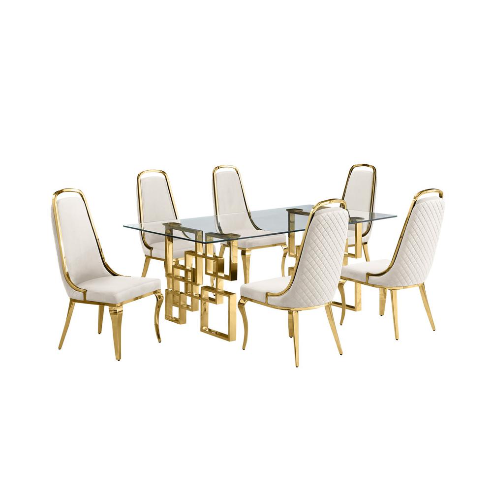 7-piece glam dining set with 6 Cream side chairs and one 79" glass dining table