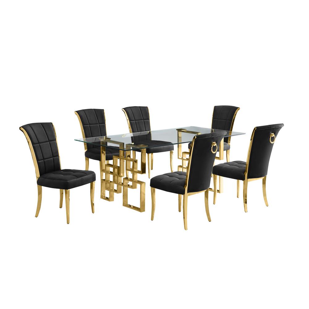 7-piece glam dining set with 6 black chairs and a 79" long glass  table