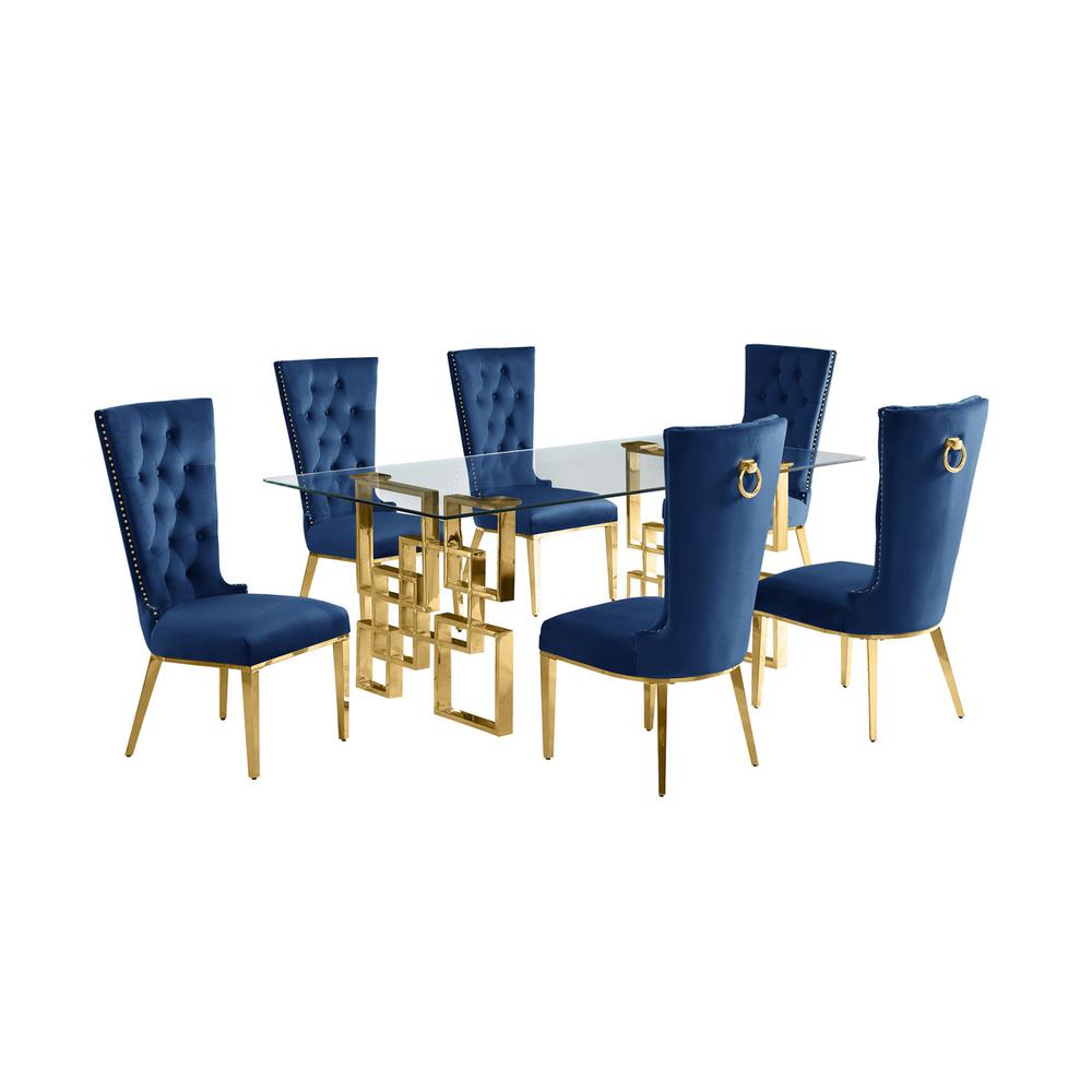7-piece glam dining set with 6 navy blue chairs and a 79" long glass  table