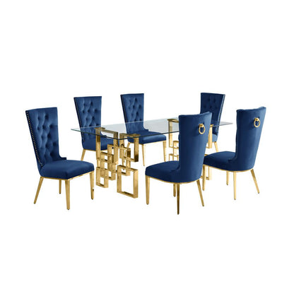 7-piece glam dining set with 6 navy blue chairs and a 79" long glass  table
