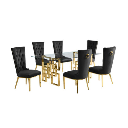 7-piece glam dining set with 6 black chairs and a 79" long glass  table