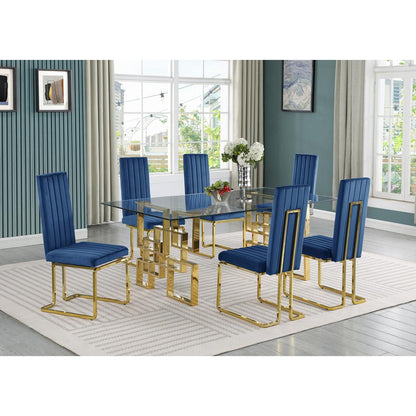 7-piece glam dining set with 6 Navy blue chairs and one 79" glass  table