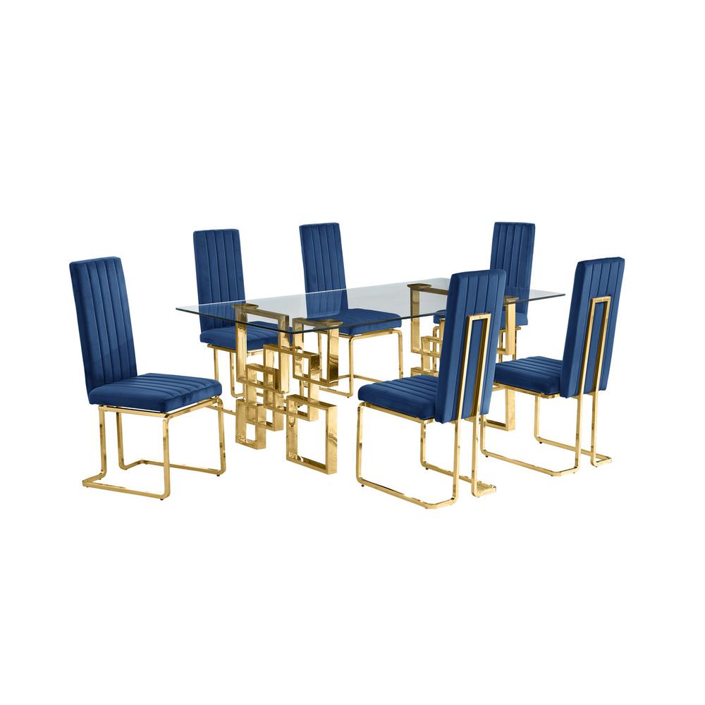7-piece glam dining set with 6 Navy blue chairs and one 79" glass  table