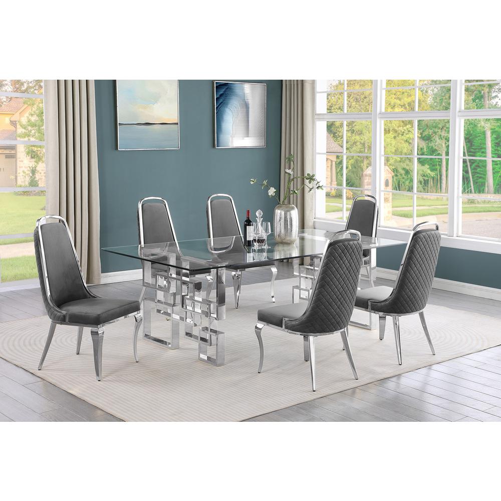 7-piece glam dining set with 6 Dark grey chairs and one 95" glass dining table