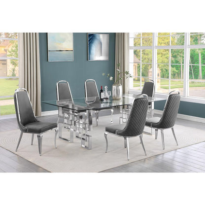 7-piece glam dining set with 6 Dark grey chairs and one 95" glass dining table