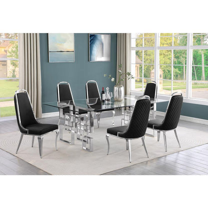 7-piece glam dining set with 6 Black side chairs and one 95" glass dining table