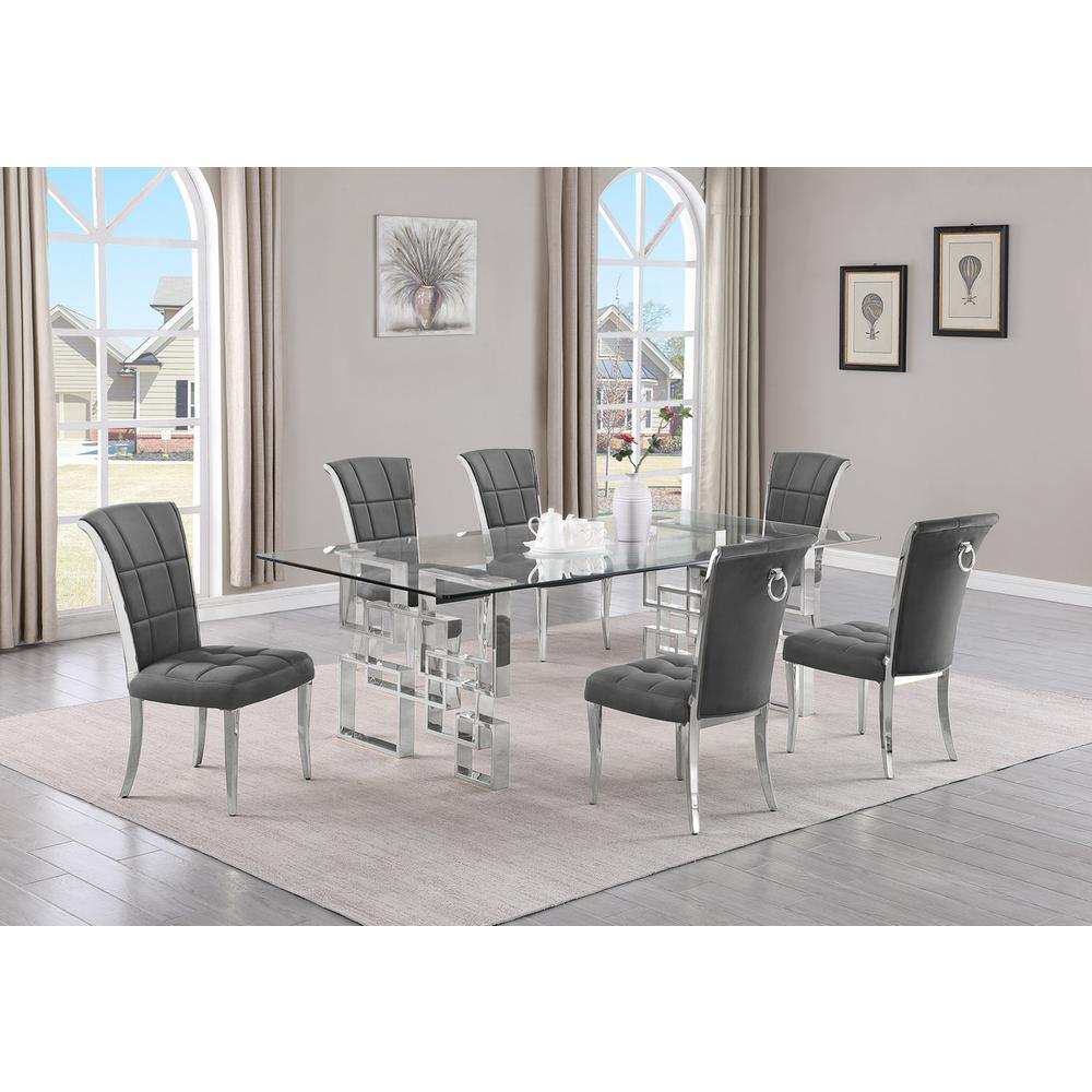 7-piece glam dining set with 6 dark grey chairs and a 95" long glass  table