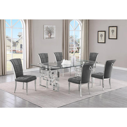 7-piece glam dining set with 6 dark grey chairs and a 95" long glass  table