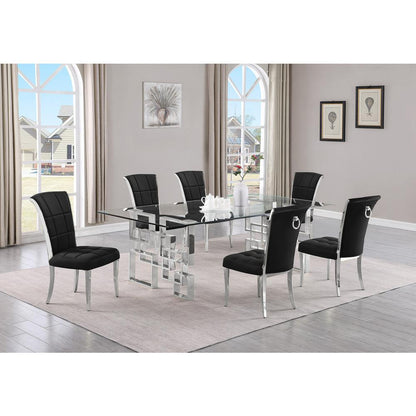 7-piece glam dining set with 6 black  chairs and a 95" long glass  table