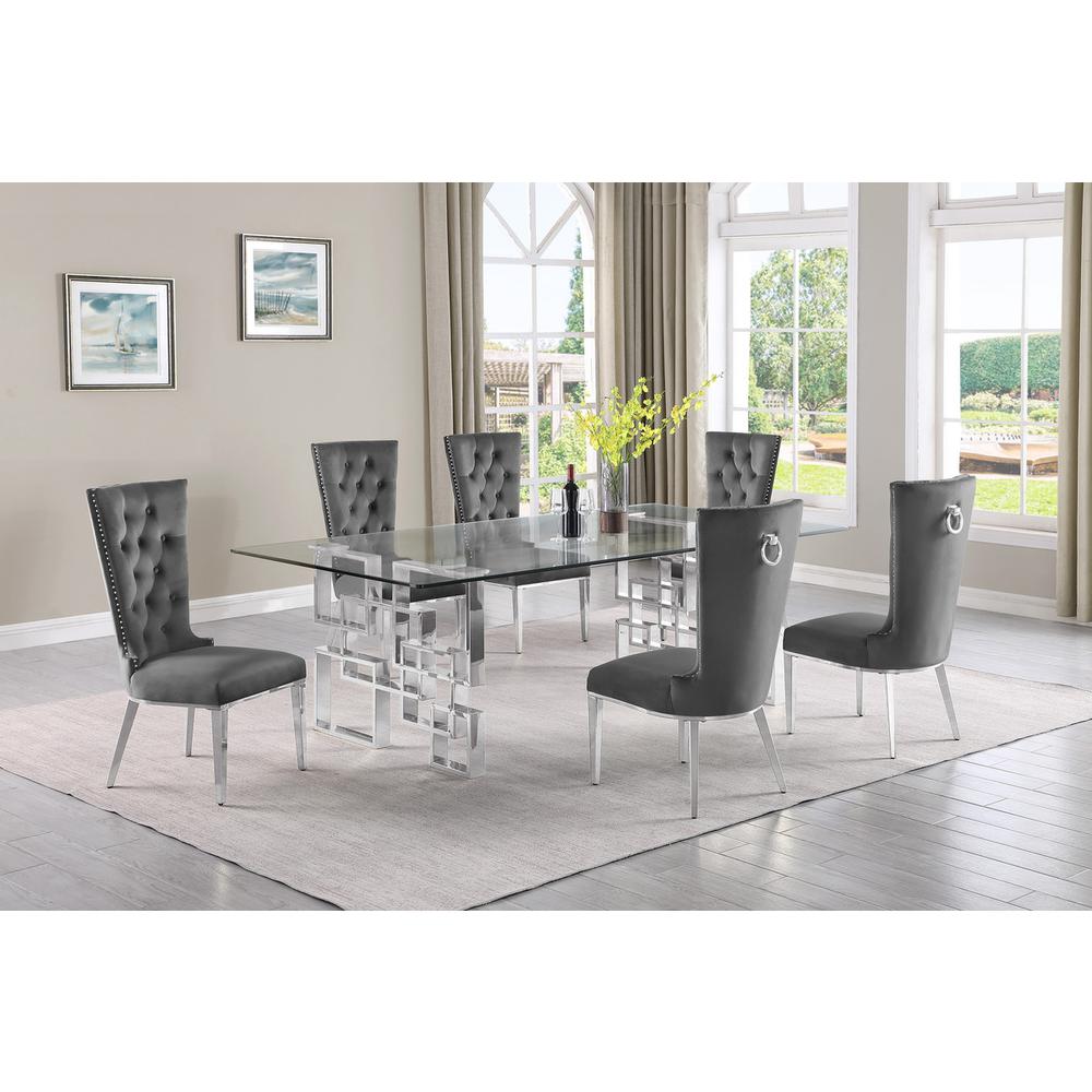 7-piece glam dining set with 6 dark grey chairs and a 95" long glass  table