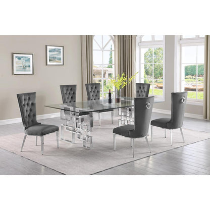 7-piece glam dining set with 6 dark grey chairs and a 95" long glass  table