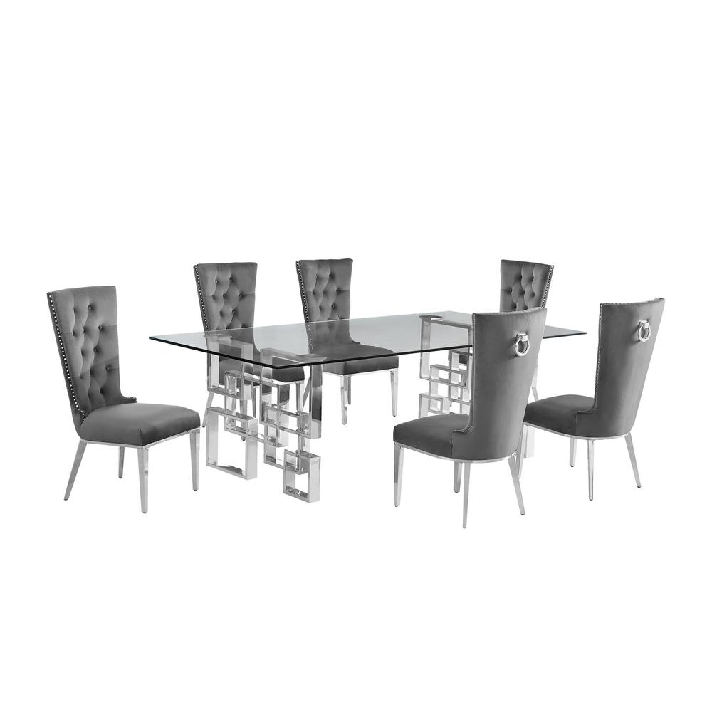 7-piece glam dining set with 6 dark grey chairs and a 95" long glass  table