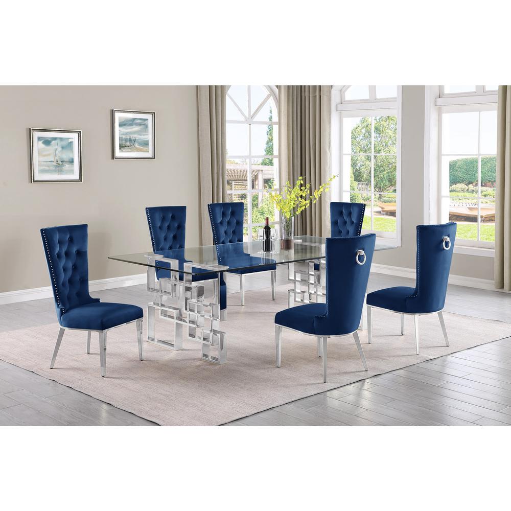 7-piece glam dining set with 6 navy blue chairs and a 95" long glass  table
