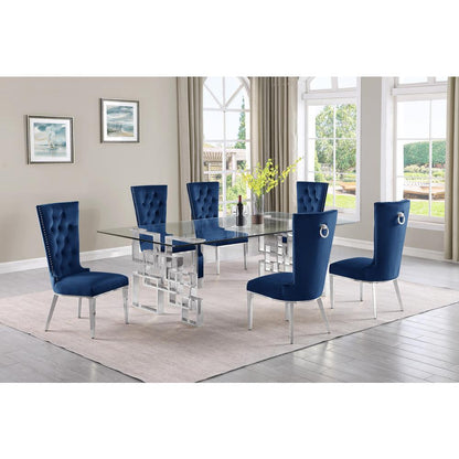7-piece glam dining set with 6 navy blue chairs and a 95" long glass  table