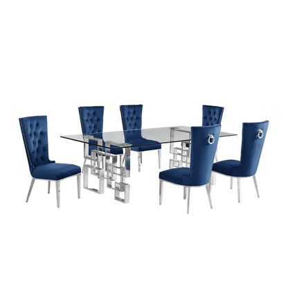 7-piece glam dining set with 6 navy blue chairs and a 95" long glass  table