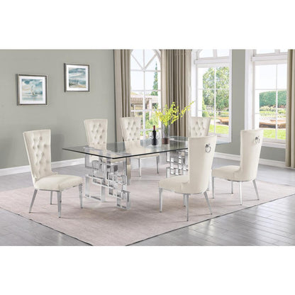 7-piece glam dining set with 6 cream chairs and a 95" long glass  table