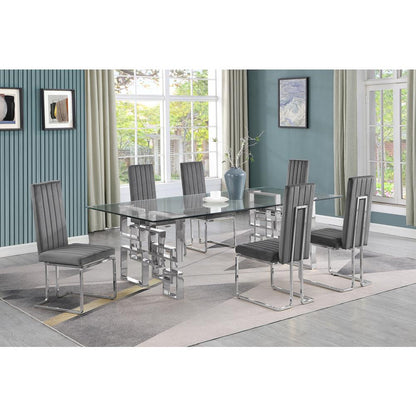 7-piece glam dining set with 6 Dark grey chairs and one 95" glass  table