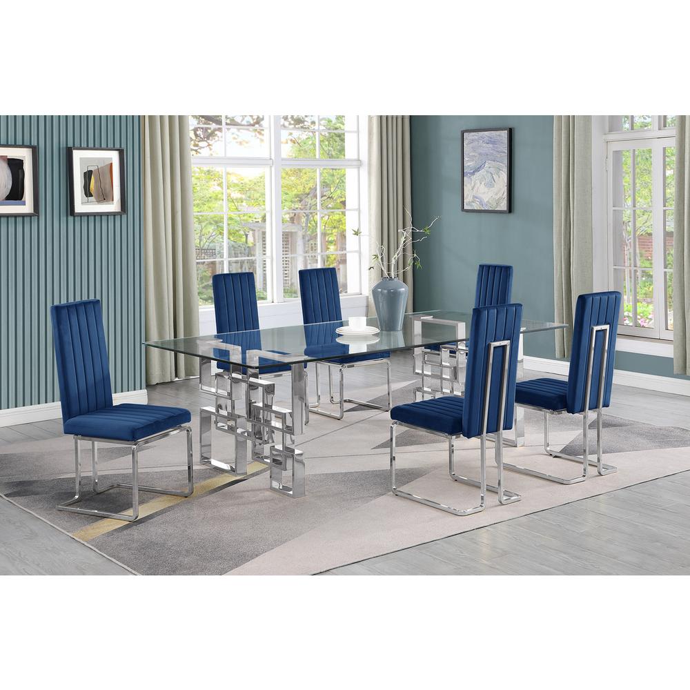7-piece glam dining set with 6 Navy blue chairs and one 95" glass  table