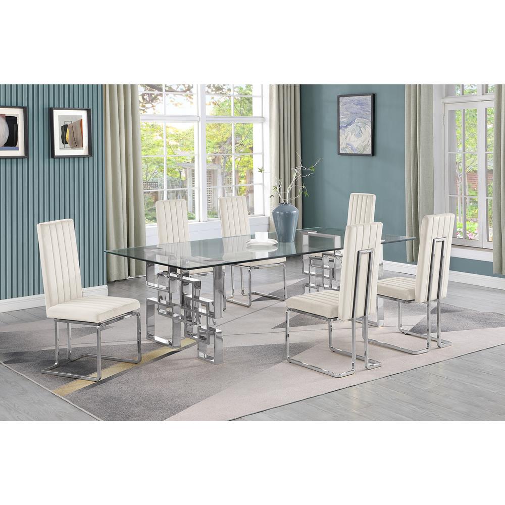 7-piece glam dining set with 6 Cream chairs and one 95" glass  table