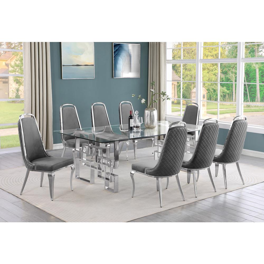 9-piece glam dining set with 8 Dark grey chairs and one 95" glass dining table