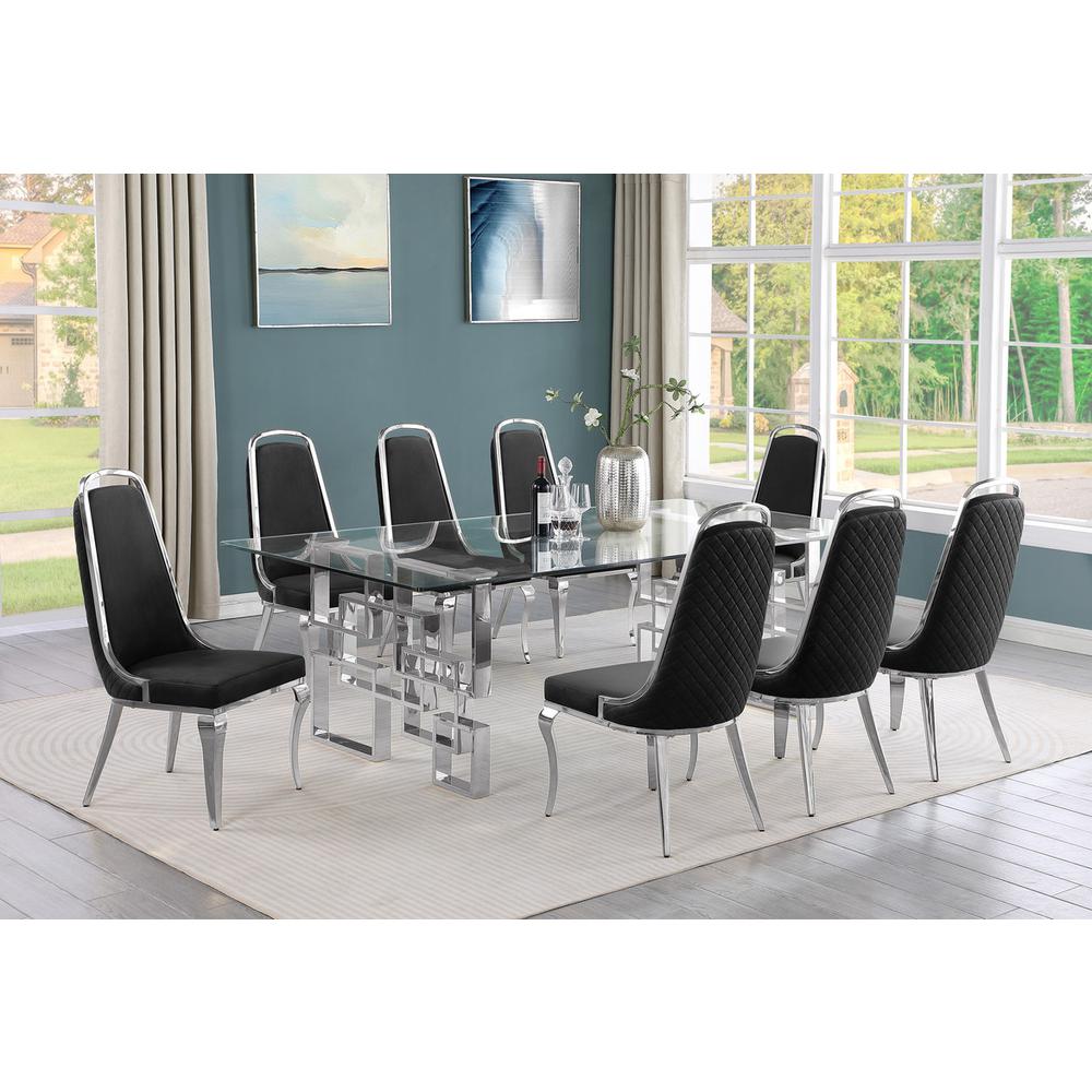 9-piece glam dining set with 8 Black side chairs and one 95" glass dining table