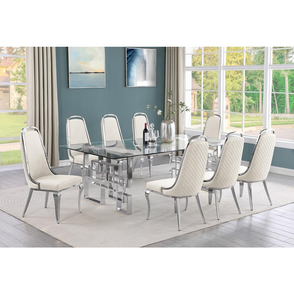 9-piece glam dining set with 8 Cream side chairs and one 95" glass dining table