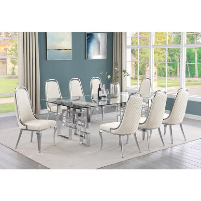 9-piece glam dining set with 8 Cream side chairs and one 95" glass dining table