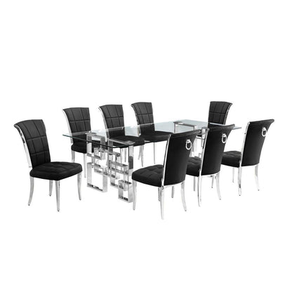 9-piece glam dining set with 8 black chairs and l 95" long glass  table