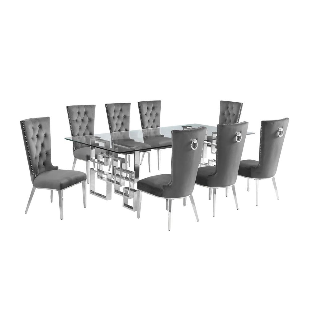 9-piece glam dining set with 8 dark grey chairs and a 95" long glass  table