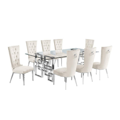 9-piece glam dining set with 8 cream chairs and a 95" long glass  table