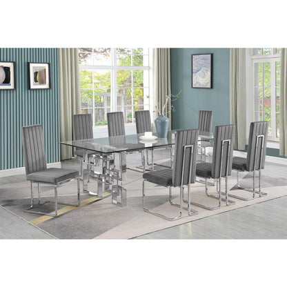 9-piece glam dining set with 8 Dark grey chairs and one 95" glass  table
