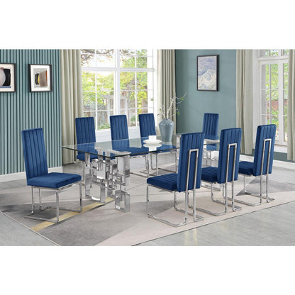 9-piece glam dining set with 8 Navy blue chairs and one 95"  glass  table