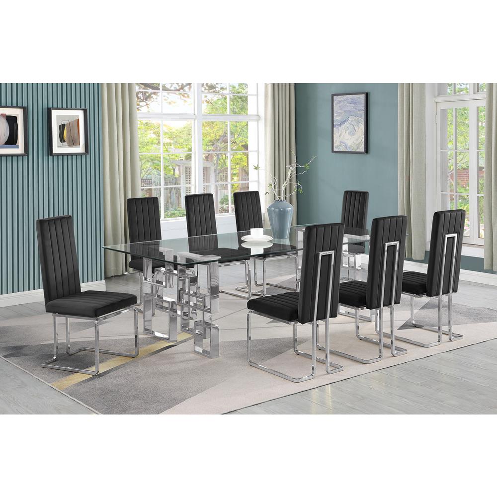 9-piece glam dining set with 8 Black chairs and 1one 95" glass  table