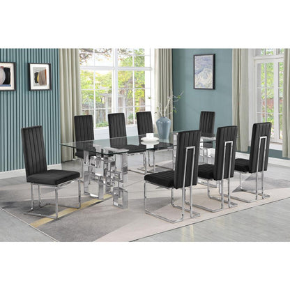9-piece glam dining set with 8 Black chairs and 1one 95" glass  table