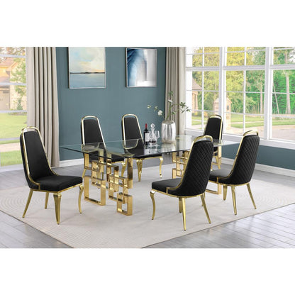 7-piece glam dining set with 6 Black side chairs and one 95" glass dining table