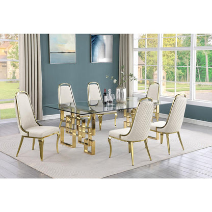 7-piece glam dining set with 6 Cream side chairs and one 95" glass dining table